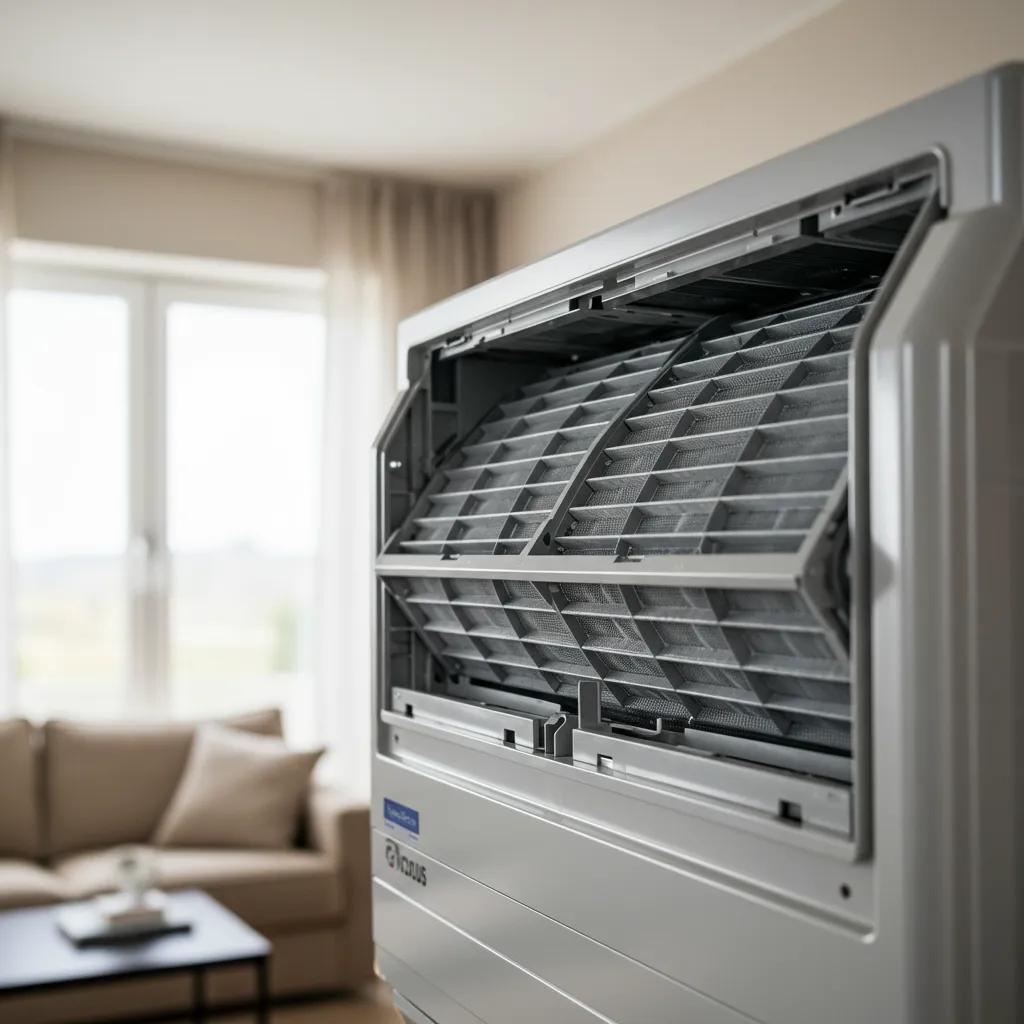 Ductless mini-split air handler with advanced filtration system in a bright, clean living space, enhancing indoor air quality