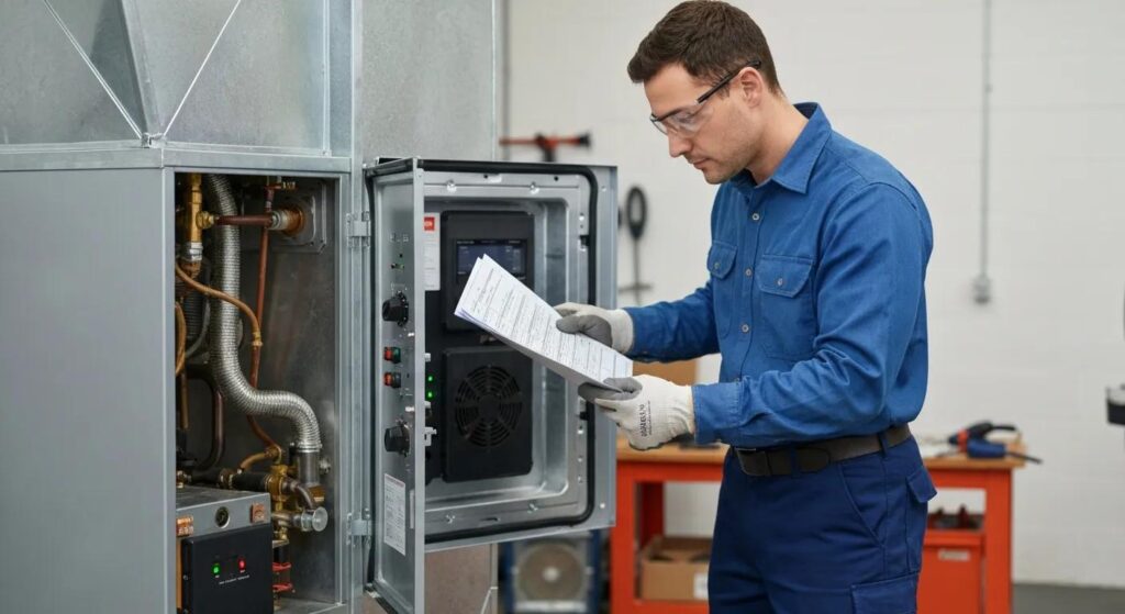 Stay Safe This Winter: Carbon Monoxide & Furnace Maintenance 3 Technician checking a furnace against a maintenance checklist — safety and efficiency focus