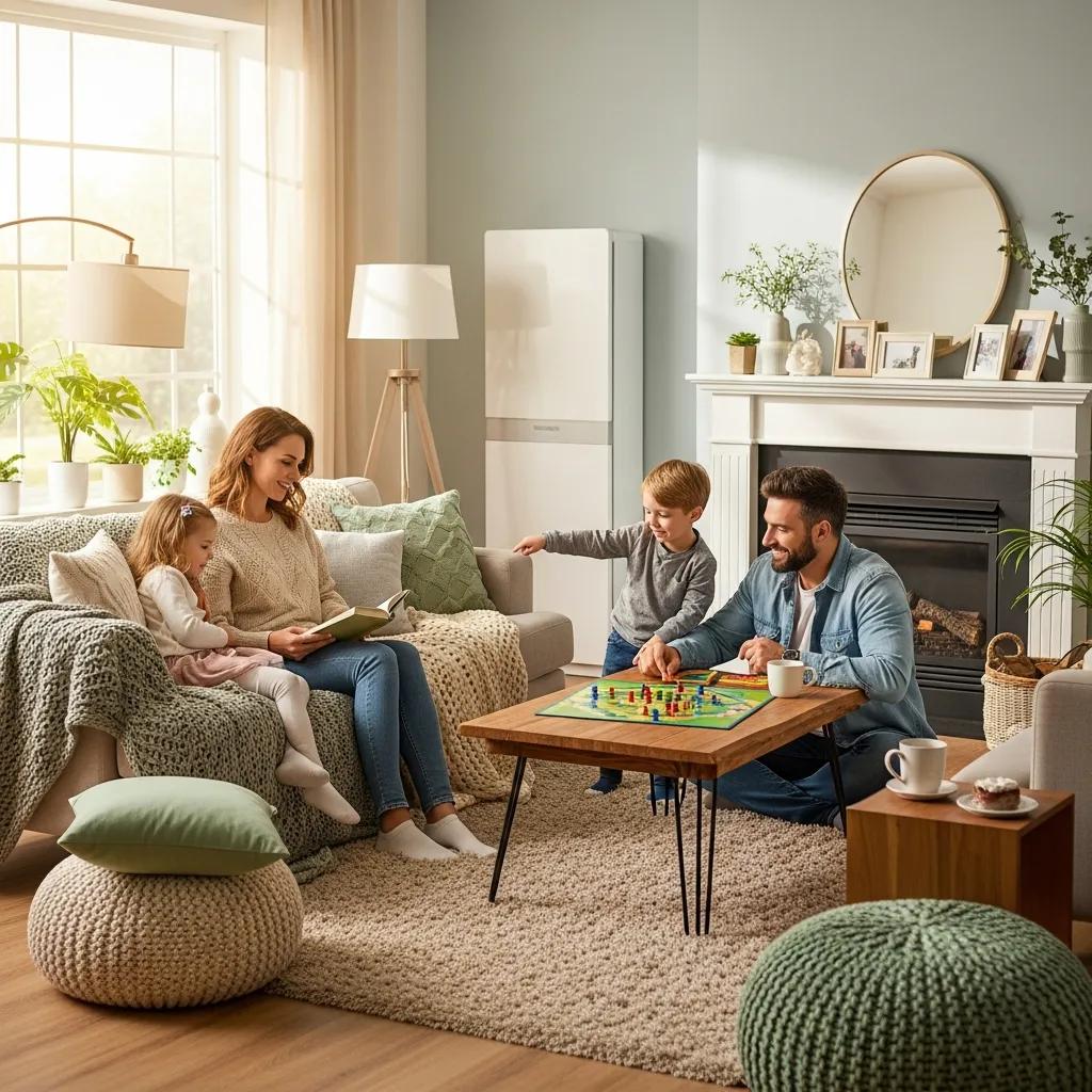 Family enjoying a comfortable living room with visible HVAC unit, highlighting seasonal maintenance importance