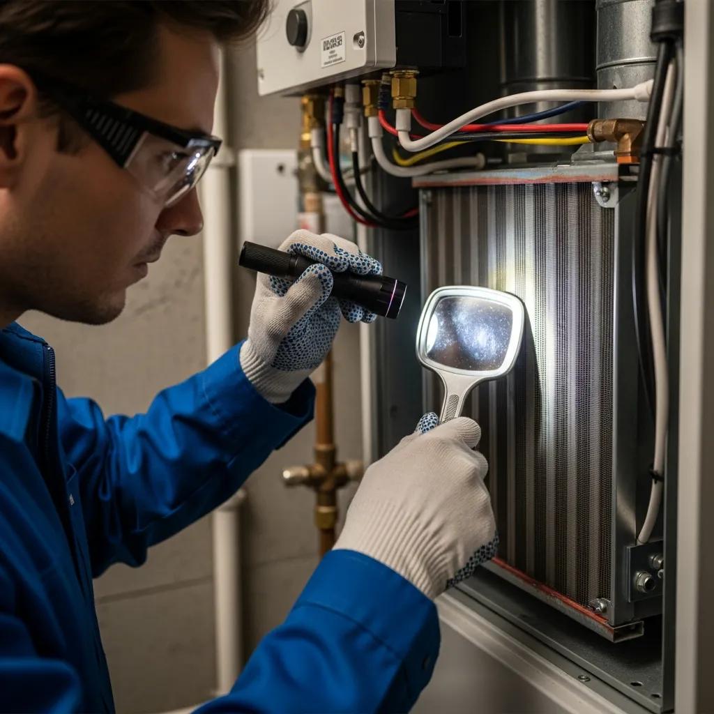 Seasonal HVAC Maintenance Tips for Homeowners 2 Technician inspecting heating system components with a flashlight and magnifying glass, highlighting essential checks for fall and winter HVAC maintenance.