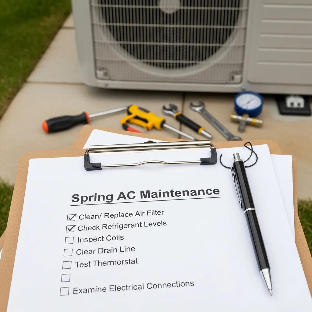 Spring AC Tune-Up: Prepare Your System for Summer 2 Checklist for spring AC maintenance tasks with tools and an AC unit in the background