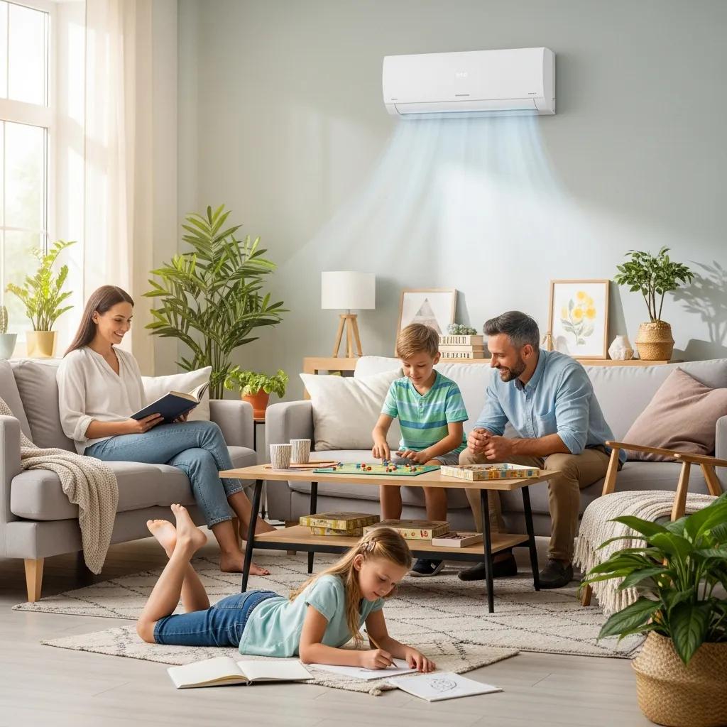 Spring AC Tune-Up: Prepare Your System for Summer 3 Family enjoying a comfortable living room with an air conditioning unit in the background
