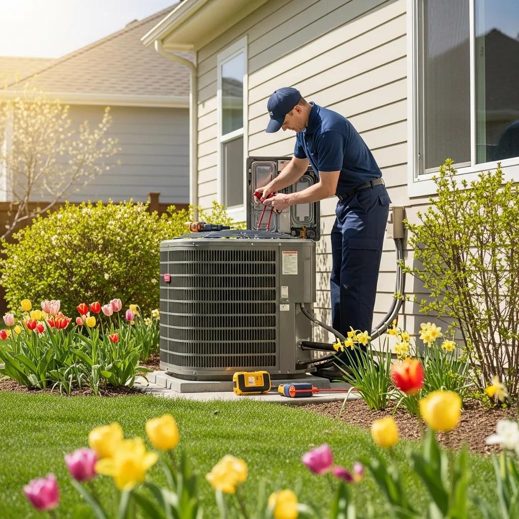 technician performing a spring ac tune up on a residential unit in a sunny backyard 1f2198be 372f 4f31 83ab adfe67e9e277
