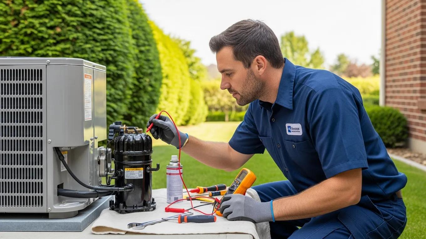AC Not Cooling? Troubleshooting & Repair Guide 2 Technician inspecting an air conditioning compressor highlighting HVAC repair expertise