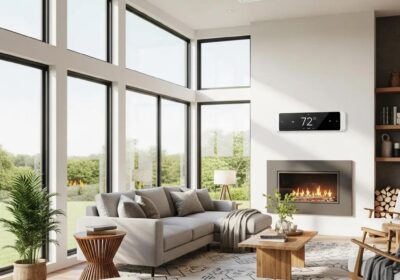 Energy-efficient HVAC system in a bright living room, showcasing comfort and modern living