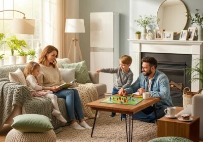 Family enjoying a comfortable living room with visible HVAC unit, highlighting seasonal maintenance importance